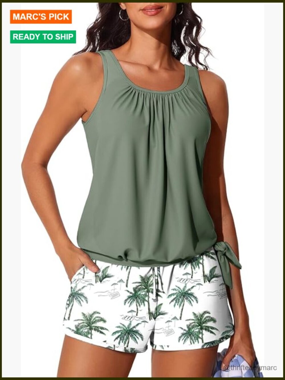 Women's Blouson Tankini with Shorts Tummy Control Side Pockets 2 Piece Swimwear
